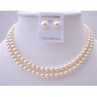 Bridal Jewelry Ivory Pearls Double Stranded Necklace Set w/ Stud Pearls 6mm 