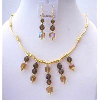 Gold Neckalce 22k Gold Plated Necklace w/ Genuinse Sparkling Swarovski Somoked Topaz AB Crystals Bridal Jewelry 