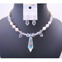 Custom Bridemaides Handcrafted Genuine Swarovski Clear Crystals & White Pearls w/ Crystals Teardrop Party Wedding Jewelry Set