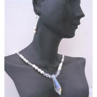 Bridal Bridemaides Handcrafted Genuine Swarovski Clear Crystals & White Pearls w/ Crystals Teardrop Party Wedding Jewelry Set
