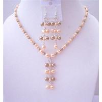 Bronze & Peach Swarovski Pearls Beautiful Drop Genuine Swarovski Pearls Danglng And Earrings Jewelry Set