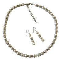 Birdal White Pearls Jewelry Swarovski White Pearls Necklace Earrings w/ Diamond Saparkling Silver Rondells