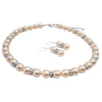 Silver Rondells Peach Swarovski Pearls 10mm Necklace Set w/ Sparkling Simulate Diamond Accessory 