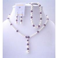 White Pearls And Amethyst Crystals Necklace Earrings & Bracelets Custom Swarovski Bridemaides Jewelry 