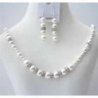 White Pearls Handcrafted Custom Birdal Jewelry Set Genuine Swarovski White Pearls Necklace Earrings w/ Diamond Saparkling Silver Rondells