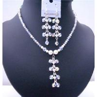 White Pearls & AB Swarovski Crystals Danglng Drop Necklace And Earrings Jewelry Set