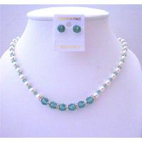 Erinite Green Swarovski Crystals & White Pearls w/ Crystals Stud Earrings w/ Rondells Bridal Jewelry 