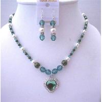 Erinite Crystals Heart Pendant Jewelry Set Swarovski White Dark Green Pearls w/ Erinit Crystals Necklace Sets
