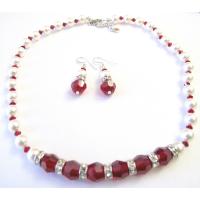 White Pearls Swarovski Maroon Crystals 10mm Jewelry Set w/ Silver Rondells & Sterling Silver Earrings