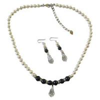 White Pearls & Black Jewelry Sets Swarovski White & Black Pearls w/ Silver Rondells & Clear Crystals Teardop Exclusive Wedding Necklace Sets
