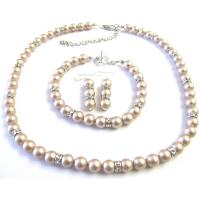 Bridal Brridemaides Champagne Pearls Jewelry Sets w/ Simulated Diamond Saparkling Spacer Necklace Sets