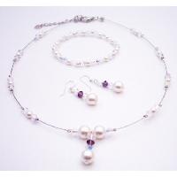 AB Swarovski Crystals w/ Amethyst & White Pearls Drop Down Bridal Jewelry Set  