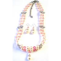 Swarovski Rose Pink Crystals Ivory Swarovski Pearls Double Stranded Pearls & Crystals Necklace Set Wedding Jewelry