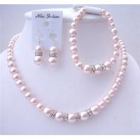 Delicate Bridal Wedding Jewelry Soothing Lite Pink Pearls Complete Set w/ Stretchable Bracelet