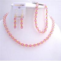 Rose Pink Crystals Necklace Earrings Bracelet Jewelry Set Genuine Swarovski Crystals w/ 22k Gold Plated Beads 