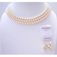 Ivory Pearls 3 Stranded Necklace Set Beautifully Handcrafted3 Stranded Genuine Swavorski Pearls Wedding Jewelry