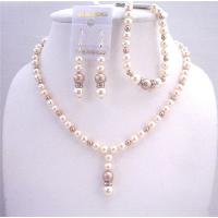 Swarovski Ivory And Champagne Pearls Jewelry Sets w/ Bracelet Diamond Like Silver Rondells Bridal Bridemaides Complete Sets  