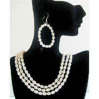 Rice Freswater Pearls 3 Stranded Necklace Set Bridal Bridemaids Wedding Jewelry Set w/ Hoop Earrings  