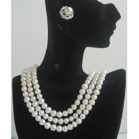 Potato Shaped Freswater Pearls 3 Stranded Necklace Set Bridal Bridemaids Wedding Jewelry Set w/ Stud Pearls Earrings  