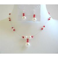 Coral Crystals Swarovski Coral Color Crystals w/ White Pearls Bridemaides Jewelry Set  