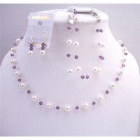 White Pearls & Swarovski Amethyst Crystals Bridemaides Affordable Jewelry Set w/ Bracelet