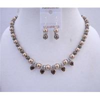 Heart Crystals Pendant Jewelry Set Genuine Swarovski Bronze Pearls & Brown Dark Chocolate Pearls Bridemaides Jewlery w/ Sparkling Silver Rondells