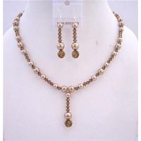 Genuine Swarovski Bronze Pearls Necklace Set w/ Swarovski Smoked Topaz Crystals Drop Down Wedding Jewelry Set  