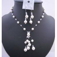 Wedding Custom Jewelry White Pearls Clear Crystals Swarovski Pearls Crystals Handmade Bridemaides Necklace Set w/ Drop Tassel