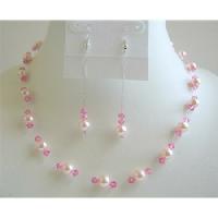 Rose Pink Pearls Necklace Set w/ Rose Pink Crystals Bridemaides Wedding Jewelry Set