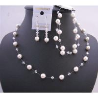 Clear Crystals and White Pearls Necklace Set w/ Double Stranded Bracelet Bridemaides Bridal Wedding Handcrafted Complete Set