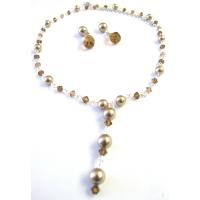 Bridal Jewelry Bronze Pearls Smoked Topaz Crystals Handcrafted Custom Jewelry Y Shaped Necklace Set Bridal Jewelry Set 
