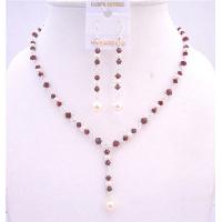 Dark Siam Red Crystals Drop Down Necklace w/ White Swarovski Pearls Genuine Swarovski Pearls & Crystals Bridal Jewelry Set 