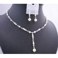 White Swarovski Crystals AB 2X w/ Genuine Swarovski Cream Pearls Y Shaped Necklace Set Bridal Jewelry Set