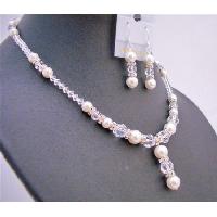 Beautiful Jewelry Necklace Set w/ Genuine Swarovski Off White Pearls Clear Crystals Silver Rondells Jewelry