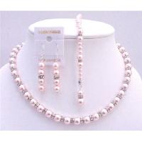 Pink Pearls Back Drop Down Necklace Bridal Jewelry Set w/ Silver Rondells Sparkling Diamond Spacer Sterling Siver Earrings Wedding Necklace Set