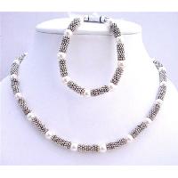 White Pearls 7mm Bridal Necklace & Bracelet w/ Bali Silver Accented In Beautiful Necklace & Bracelet