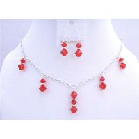 Lite Siam Red Swarovski Crystals Necklace Set Red Crystals Beads Dangling Jewelry Set
