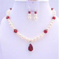 Handcrafted Custom Bridal Jewelry Cream Pearls Siam Red Crystals w/ Siam Red Crystals Pendant Wedding Bridal Jewelry Set