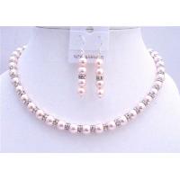 Handmade Bridal Custom Pink Pearls Jewelry Set w/ Silver Rondells Sparkling Diamond Spacer Sterling Silver Earrings Genuine Swarovski Pink Pearls 