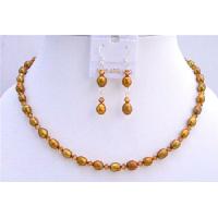 Copper Freshwater Pearls Rice Shaped Pearls Jewelry Set w/ Genuine Swarovski Copper Crystals Necklace Set  