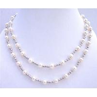 Wedding Bridal White Freshwater Pearls Double Stranded Necklace w/ High Quality Silver Beads Handmade Necklace 