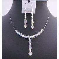 SWarovski AB Crystals Bridal Wedding Necklace Set 6mm Bicone/Round w/ Long Bicone Drop Down Jewelry Set