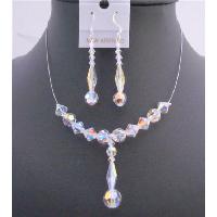 Bridal Wedding AB Swarovski Crystals Drop Down Jewelry Set 8mm AB Crystals w/ Long Bicone 