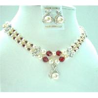 Double Stranded Necklace Bridal Bridemaides Cream Pearsl/Siam Red Swarovski Crystals w/ Silver Flower Rondells & Pendant 