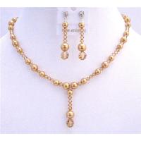 Golden Jewelry Genuine Swarovski Lite Colorado Crystals Golden Pearls Necklace Set Wedding Jewelry Set 