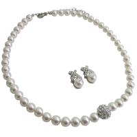 White Pearls Bridal Jewelry Set 8mm Pearls w/ Cubic Zircon Ball Pendant w/ Stud Earrings 