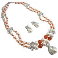 Wedding Jewelry Bridal Cream Pearls SWarovski Burnt Orange Crystals Necklace w/ Silver Flower Spacer & Pendant 