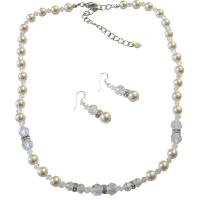 Bridal Jewelry Set Ivory Pearls Clear Crystals w/ Silver Rondells Handmade Necklace Set 