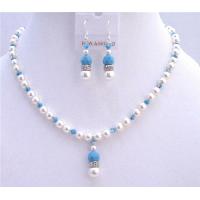 Blue Pool Jewelry Set White Swarovski Pearls w/ Swarovski Turquoise Crystals Necklace Set  