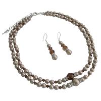 Champagne Pearls Double Stranded Necklace Set w/ Smoked Topaz Crystals & Silver Rondells Spacer Necklace Set  